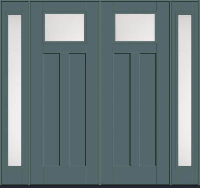 96" Satin Etch Craftsman Top View 2 Panel Shaker Smooth Fiberglass Double Door, Full Sidelites