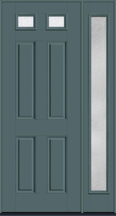 96" Rainglass Top View 2 Lite 4 Panel Smooth Fiberglass Single Door, Full Sidelite