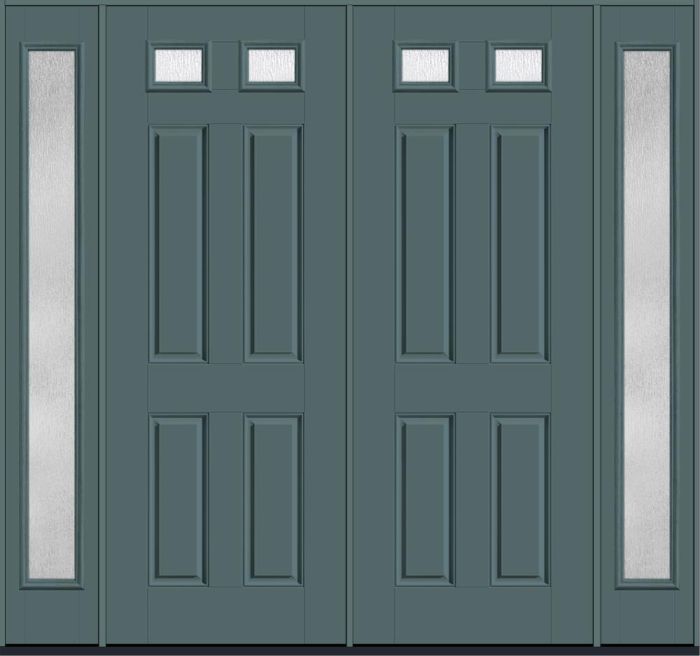 96" Rainglass Top View 2 Lite 4 Panel Smooth Fiberglass Double Door, Full Sidelites