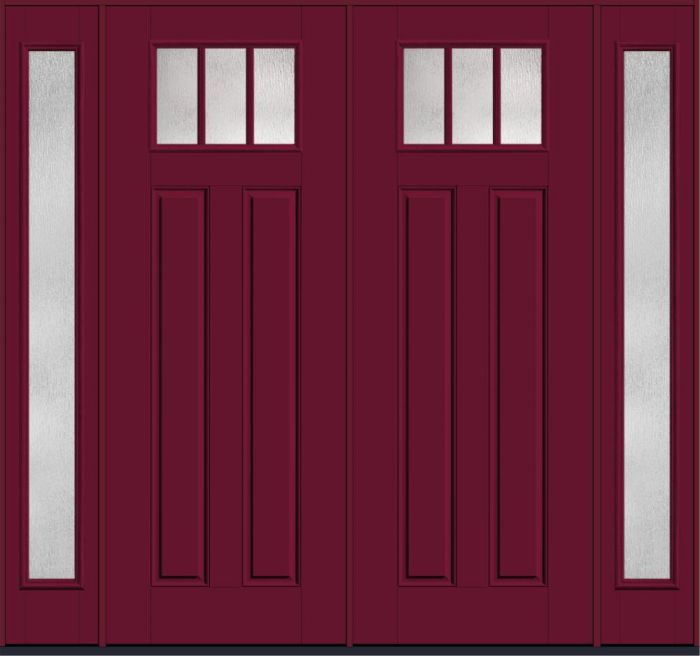 96" Rainglass Craftsman Top View 3 Lite 2 Panel SDL Smooth Fiberglass Double Door, Full Sidelites