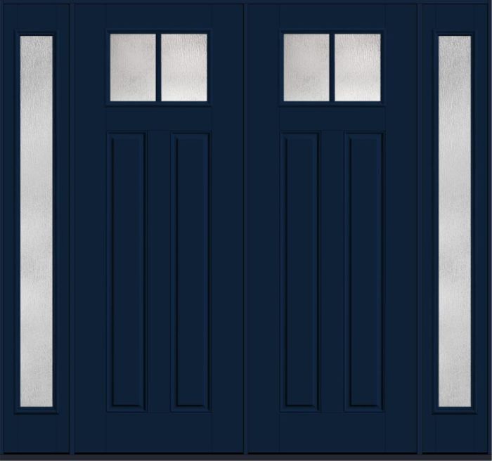 96" Rainglass Craftsman Top View 2 Lite 2 Panel SDL Smooth Fiberglass Double Door, Full Sidelites
