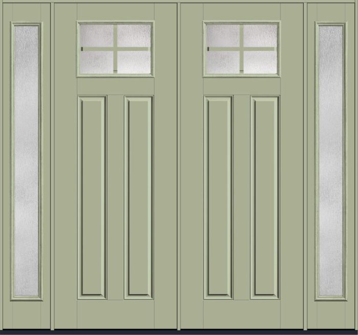 96" Rainglass Craftsman Top View 4 Lite 2 Panel SDL Smooth Fiberglass Double Door, Full Sidelites