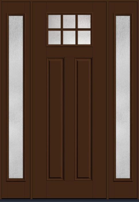 96" Rainglass Craftsman Top View 6 Lite 2 Panel SDL Smooth Fiberglass Single Door, Full Sidelites