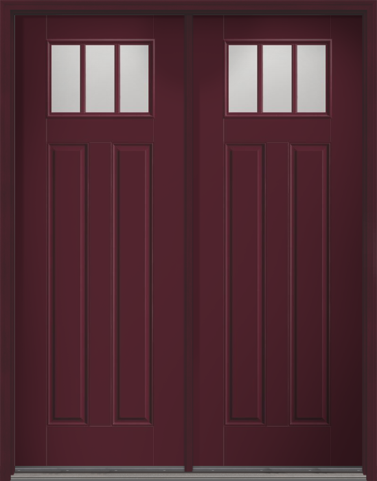 96" Low-E Craftsman 3 Lite 2 Panel SDL Smooth Fiberglass Double Door