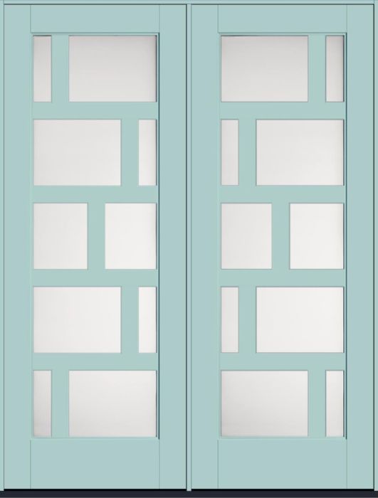 96" Satin Etch Contemporary Asymmetrical 10 Lite Left SDL Flat 3-1/2" Smooth Full Lite Flush-Glazed Fiberglass Double Door