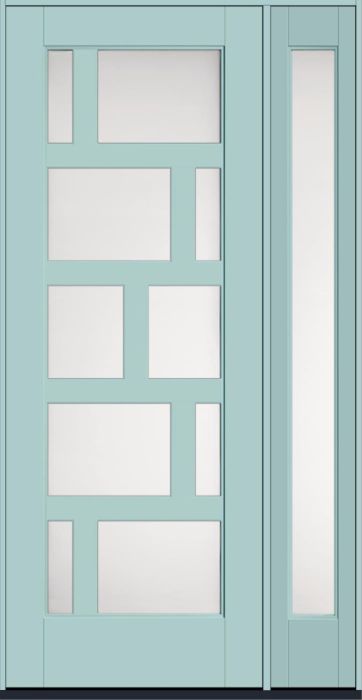 96" Satin Etch Contemporary Asymmetrical 10 Lite Left SDL Flat 3-1/2" Smooth Full Lite Flush-Glazed Fiberglass Single Door, Sidelite