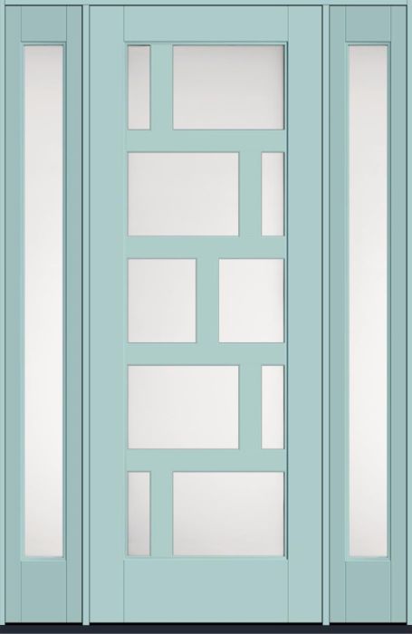 96" Satin Etch Contemporary Asymmetrical 10 Lite Left SDL Flat 3-1/2" Smooth Full Lite Flush-Glazed Fiberglass Single Door, Sidelites