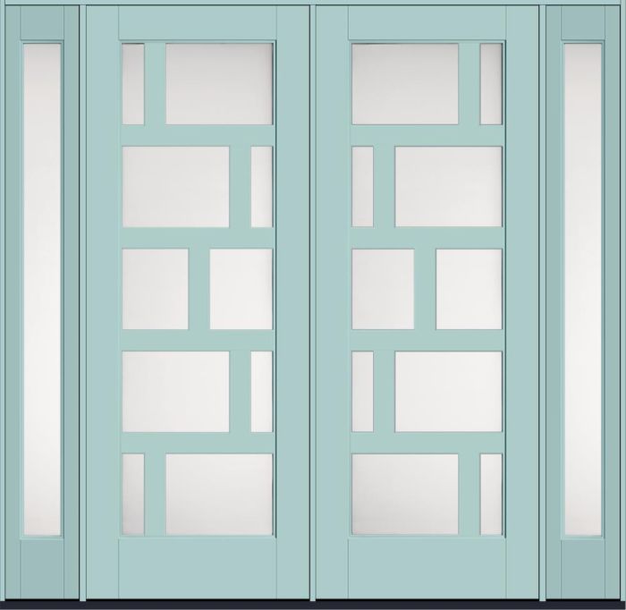 96" Satin Etch Contemporary Asymmetrical 10 Lite Left SDL Flat 3-1/2" Smooth Full Lite Flush-Glazed Fiberglass Double Door, Sidelites