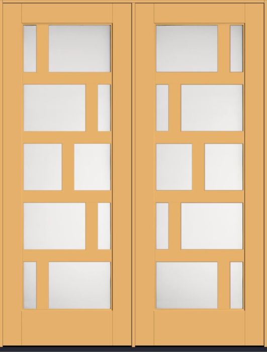 96" Satin Etch Contemporary Asymmetrical 10 Lite Right SDL Flat 3-1/2" Smooth Full Lite Flush-Glazed Fiberglass Double Door