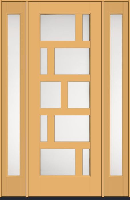 96" Satin Etch Contemporary Asymmetrical 10 Lite Right SDL Flat 3-1/2" Smooth Full Lite Flush-Glazed Fiberglass Single Door, Sidelites