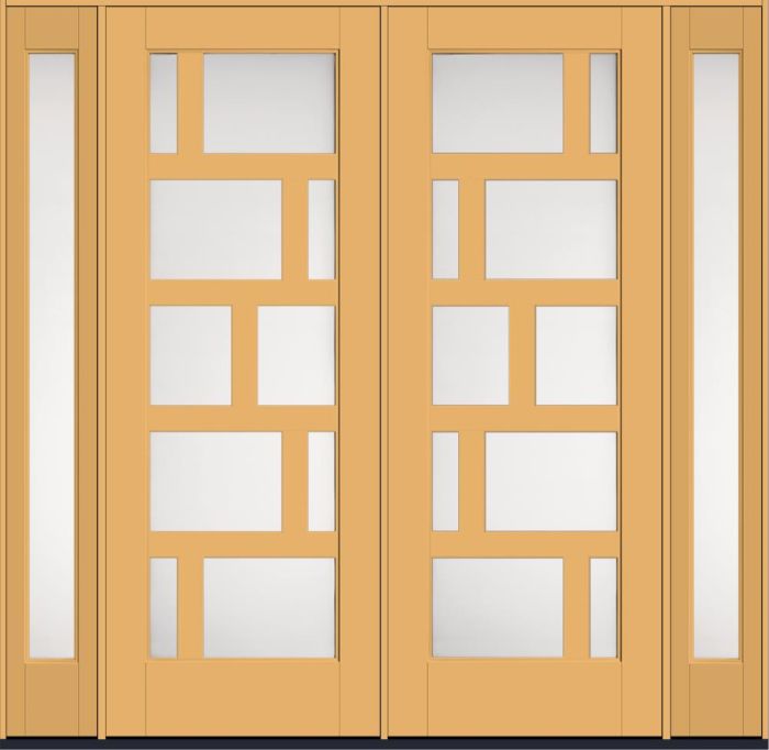 96" Satin Etch Contemporary Asymmetrical 10 Lite Right SDL Flat 3-1/2" Smooth Full Lite Flush-Glazed Fiberglass Double Door, Sidelites