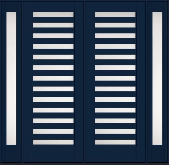 96" Satin Etch Slimlite 13 Lite SDL Flat 3-1/2" Smooth Full Lite Flush-Glazed Fiberglass Double Door, Sidelites