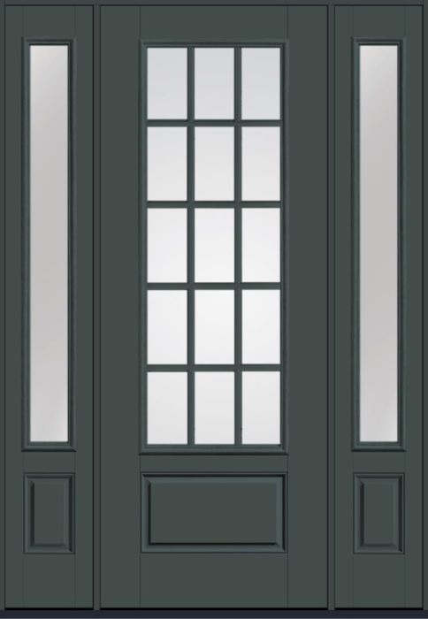 96" Low-E Colonial 15 Lite SDL Smooth 3/4 Lite 1 Panel Fiberglass Single Door, Sidelites