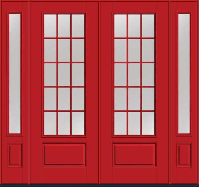 96" Clear Colonial 15 Lite Fixed Grilles Smooth 3/4 Lite 1 Panel Fiberglass Double Door, Sidelites
