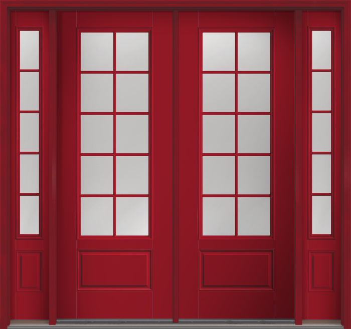 96" Clear Colonial 10 Lite Fixed Grilles Smooth 3/4 Lite 1 Panel Fiberglass Double Door, Sidelites
