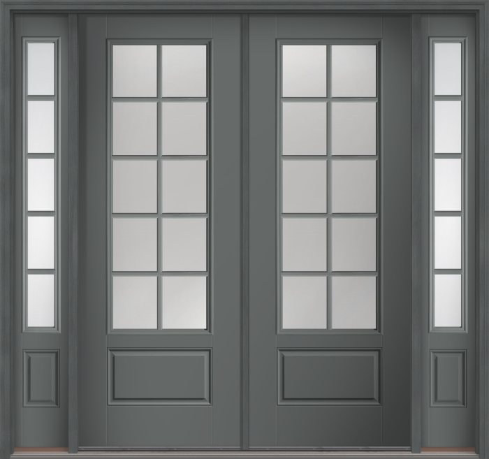 96" Low-E Colonial 10 Lite SDL Smooth 3/4 Lite 1 Panel Fiberglass Double Door, Sidelites