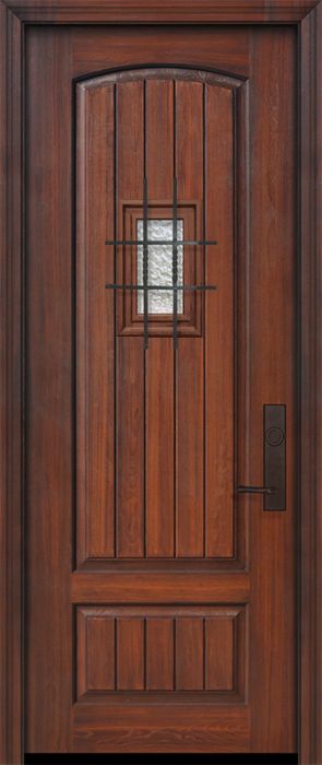 96" 2 Panel Arch V-Grooved Mahogany/Knotty Alder Door with Speakeasy