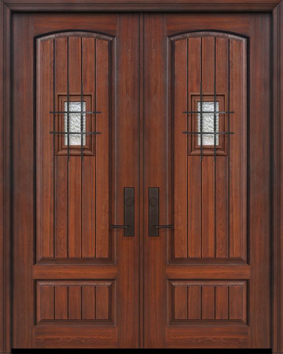 96" Double 2 Panel Arch V-Grooved Mahogany/Knotty Alder Door with Speakeasy