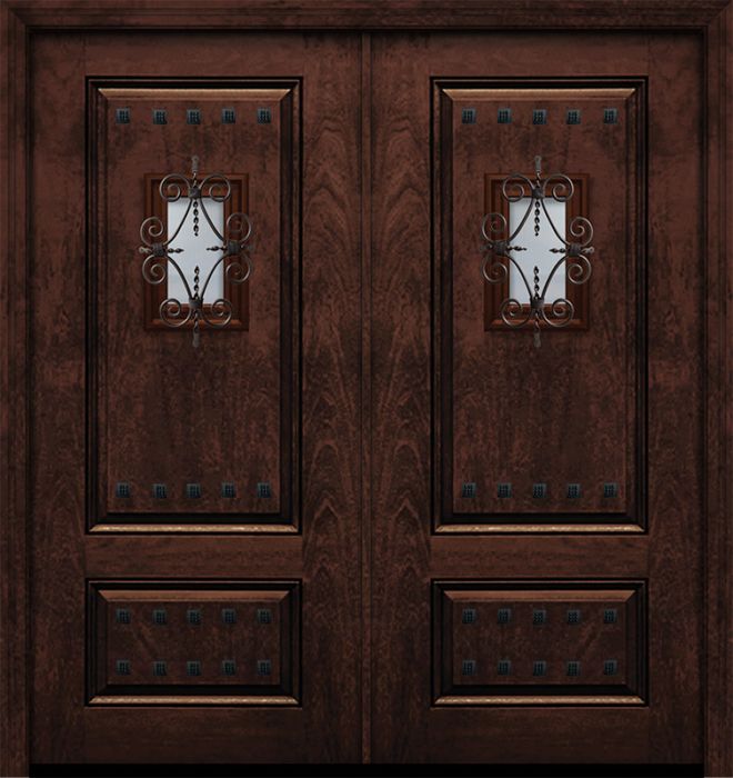 80" Double 2 Panel Square Mahogany Door with Speakeasy & Clavos