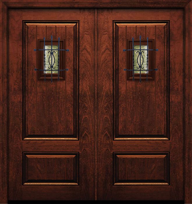80" Double 2 Panel Square V-Grooved Mahogany Door with Speakeasy