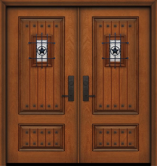 80" Double 2 Panel Square V-Grooved Mahogany Door with Speakeasy & Clavos