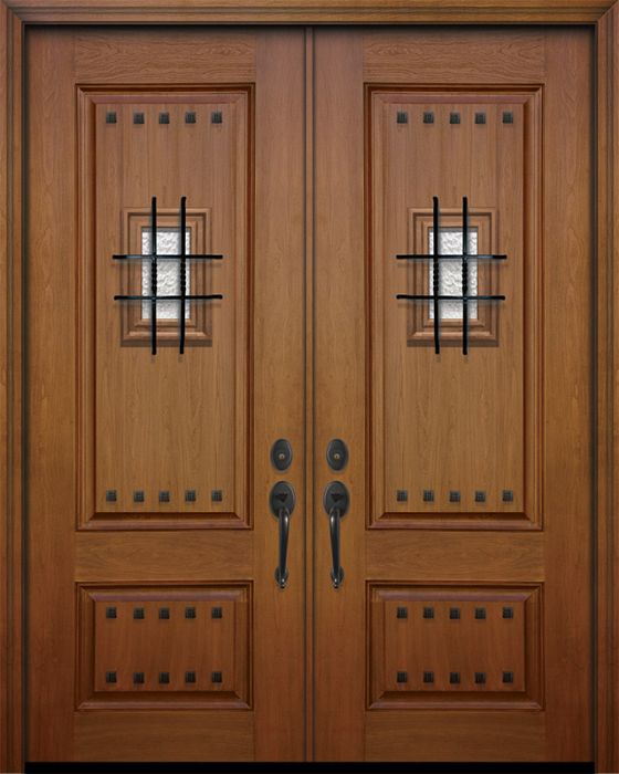 96" Double 2 Panel Square Mahogany Door with Speakeasy & Clavos