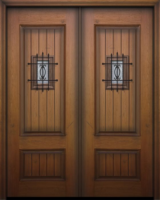 96" Double 2 Panel Square V-Grooved Mahogany Door with Speakeasy