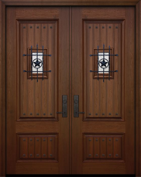 96" Double 2 Panel Square V-Grooved Mahogany Door with Speakeasy & Clavos