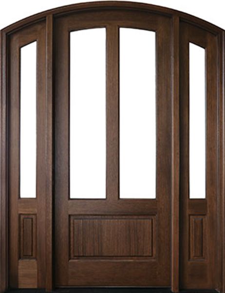 96" Mahogany Trinity TDL 2 Lite Single Door/2Sidelite Arch Top, 2-1/4" Thick