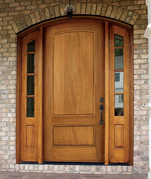 96" Mahogany Trinity 2 Panel Single Door/2Sidelite Arch Top, 2-1/4" Thick