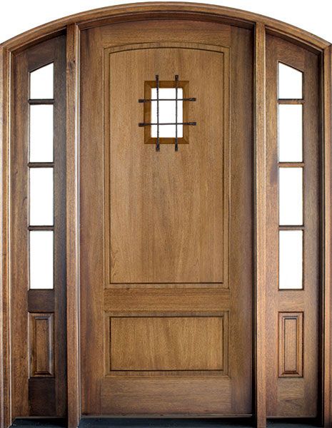 96" Mahogany Trinity 2 Panel Single Door/2Sidelite Arch Top, 2-1/4" Thick w Speakeasy