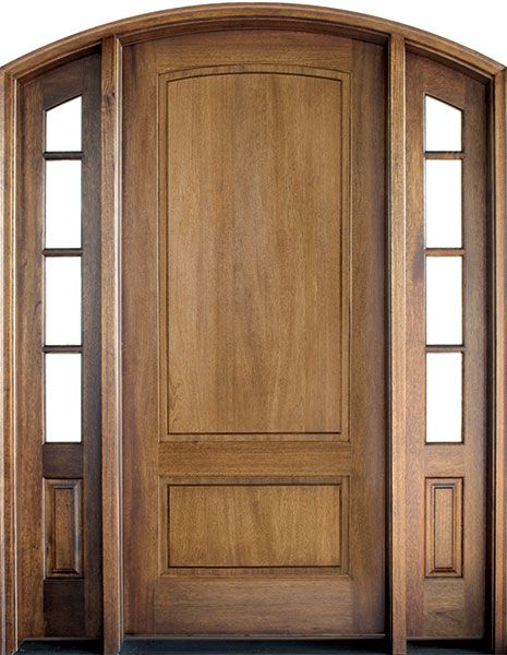 96" Mahogany Trinity 2 Panel Single Door/2Sidelite Arch Top, 2-1/4" Thick