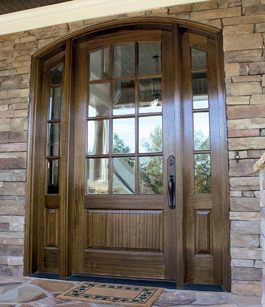 96" Mahogany Trinity TDL 12 Lite Single Door/2Sidelite Arch Top, 2-1/4" Thick