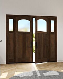 Mahogany Craftsman Arch Lite, Top View 2 Panel Shaker Double Door, Sidelites|CRF-SH-AR-FP