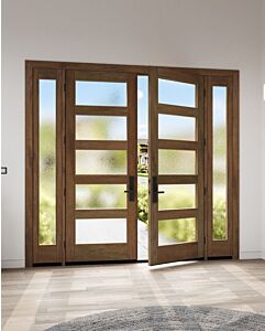 Mahogany Full Lite, 5 Lite  Modern Shaker Double Door, Sidelites|G501-SH-SH
