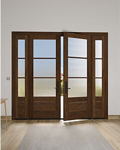 Mahogany 3/4 Lite, 3 Lite SDL 1 Panel Modern Farmhouse Shaker Double Door, Sidelites|G7503-SH