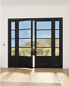 Mahogany 3/4 Lite, Horizontal 4 Lite SDL Contemporary Modern 1 Panel Narrow Profile Shaker Double Door, Sidelites|G7504-W-SLK-SH