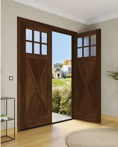 Mahogany Craftsman 6 Lite, Top View SDL Crossbuck Panel Shaker Double Door