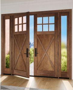 Mahogany Craftsman 6 Lite, Top View SDL Crossbuck Panel Shaker Double Door, Sidelites|CRF-CPG6-SH