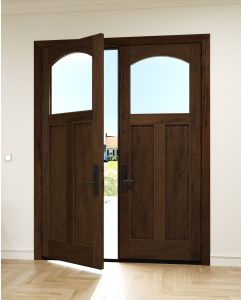 Mahogany Craftsman Arch Lite, Top View 2 Panel Shaker Double Door|CRF-SH-AR-FP