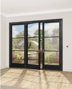 Mahogany Full Lite, Horizontal 3 Lite SDL Contemporary Modern Narrow Profile Shaker Triple Door