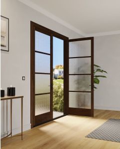 Mahogany Full Lite, Horizontal 4 Lite SDL Contemporary Modern Narrow Profile Shaker Double Door|G401-W-SLK-SH