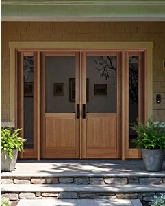 Mahogany 1/2 Lite 1 Panel Modern Farmhouse Shaker Double Door, Sidelites|G5001-SH