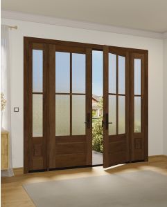 Mahogany 3/4 Lite, 4 Lite SDL 1 Panel Modern Farmhouse Shaker Double Door, Sidelites|G7504-SH