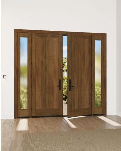 Mahogany Vertical Plank Modular Modern Shaker Solid Double Door, Sidelites|MRV101-SW-SH12