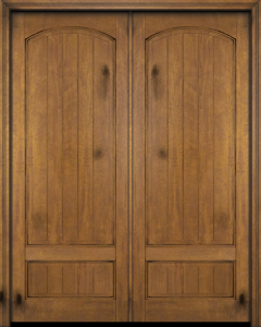 Mahogany Arch Panel, 2 Panel V-Grooved Rustic Solid Double Door|P7501-V-AR-OG-RST