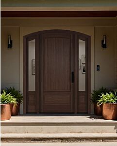 Mahogany Montana Arch Top Colonial 2 Panel Solid Single Door, Sidelites|P75101-ART-OG_G75101-ARTP-SL_1-2