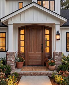 Mahogany Montana Arch Top Colonial 3 Panel Solid Single Door, Sidelites|P75201-ART-OG_G75401-ARTP-SL_1-2