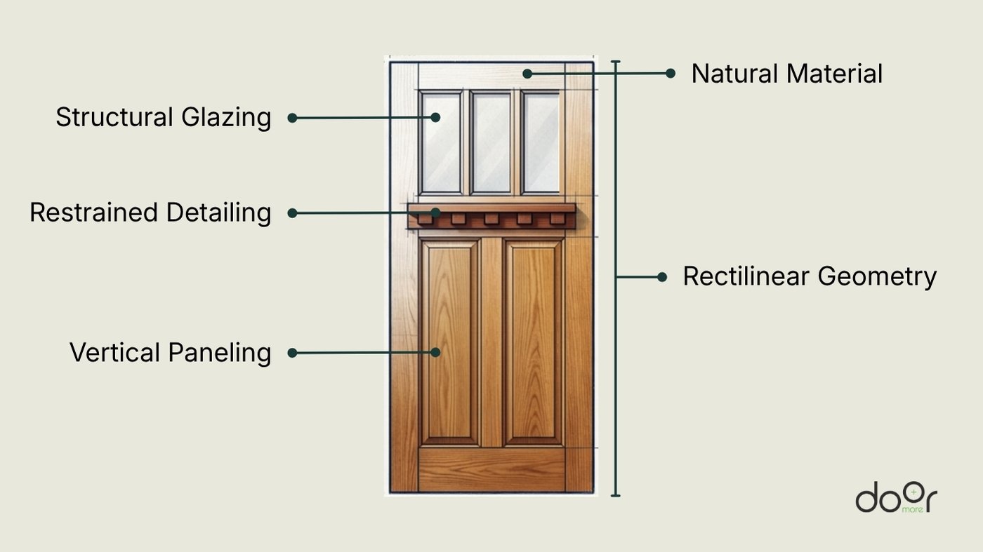 Craftsman Door Design Cues Diagram of a wood Craftsman door with labels for its material, glazing, paneling, and geometric features.