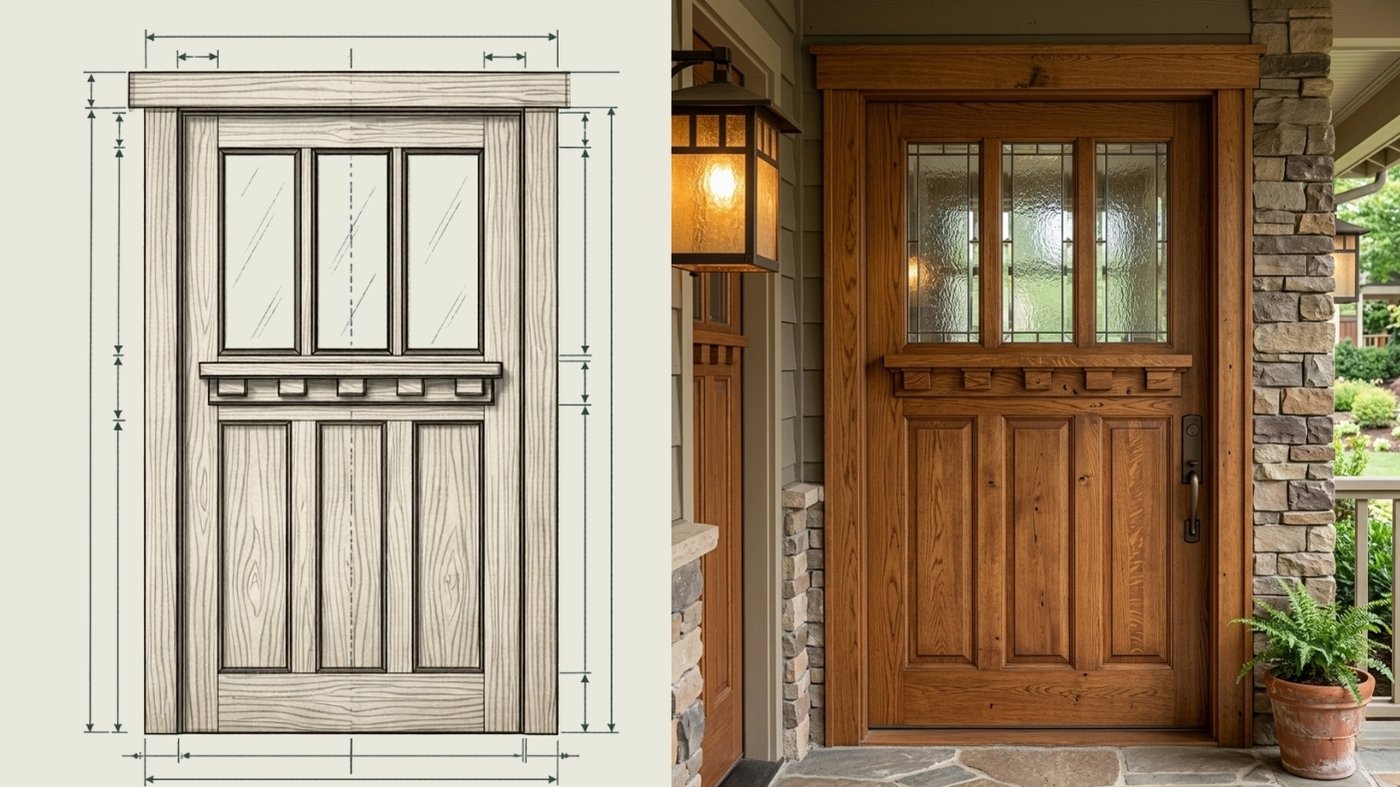 Classic Craftsman Door Architecture and Realization Technical drawing and matching photograph of a Craftsman-style wooden door with three upper window panes and dentil shelf molding.